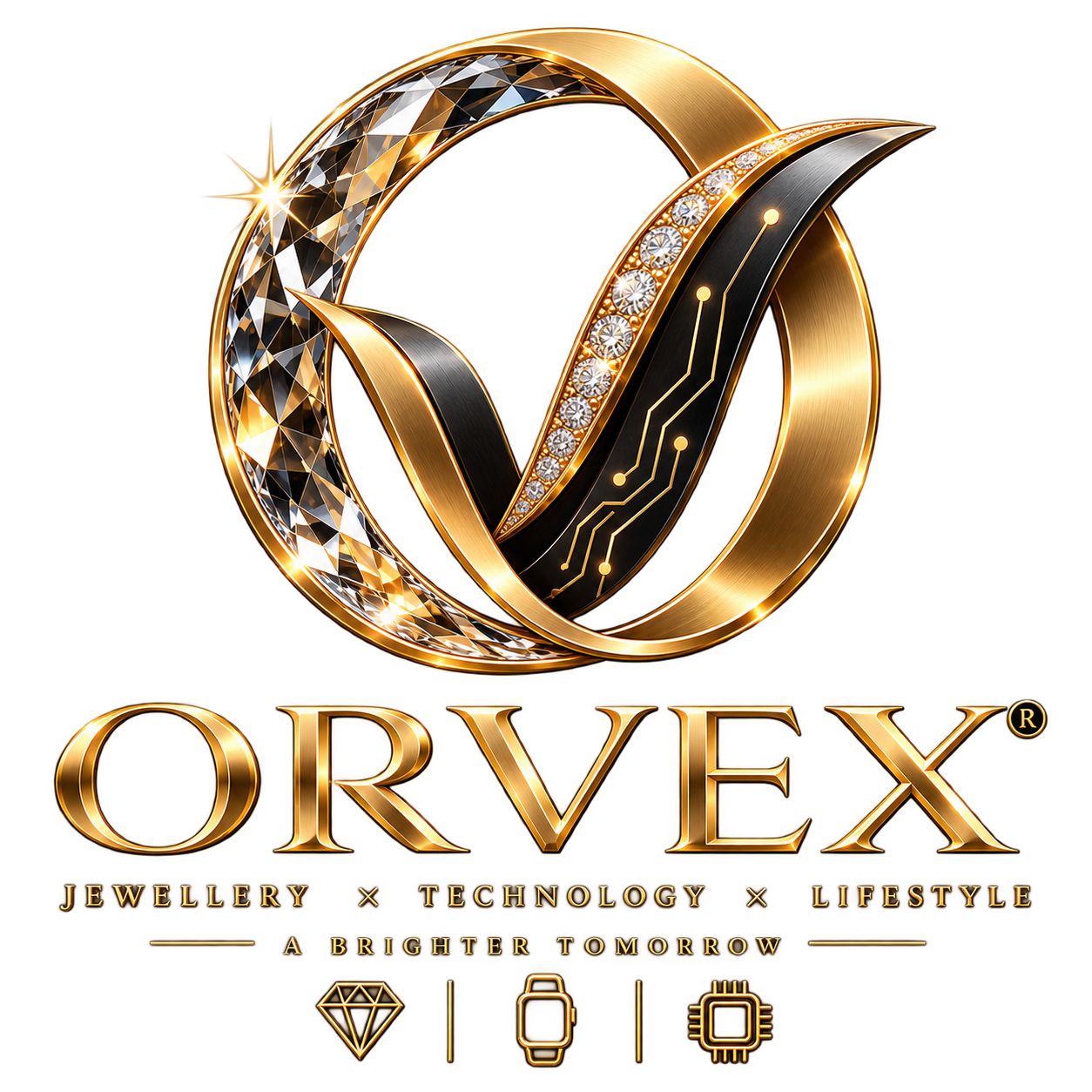 Logo ORVEX in oro con dettagli tecnologici e gioielli
